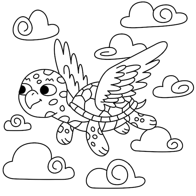 Vector a drawing turtle with wings flying in the middle of clouds