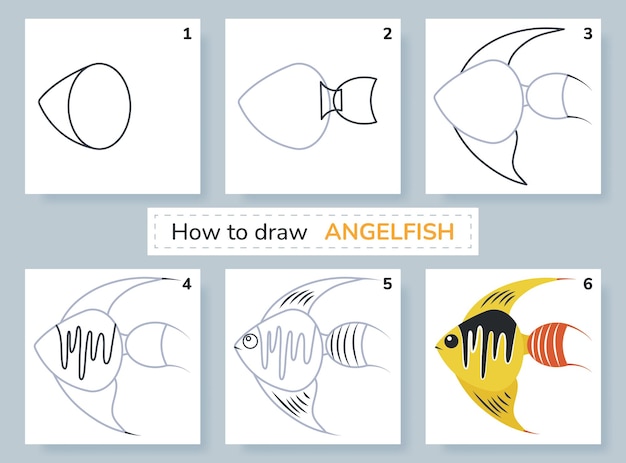 Vector drawing tutorial how to draw angelfish education and activity page for preschool and school kids