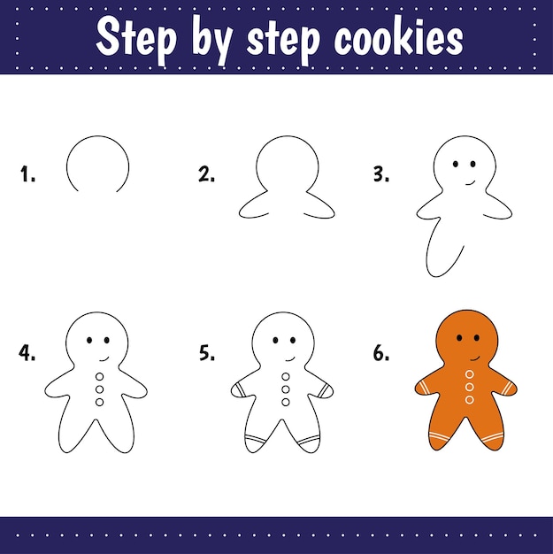 Drawing tutorial for kids. Easy level. Education sheets. How to draw cookie