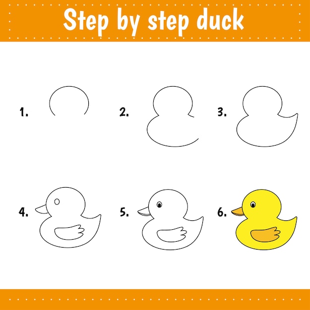 Drawing tutorial for kids. Easy level. Education sheets. How to draw duck