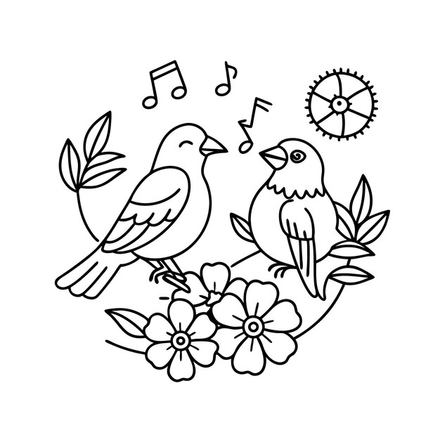 Vector a drawing of two birds and a flower with the words  music  on it