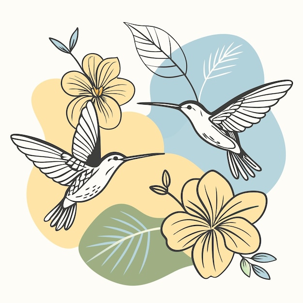 Vector a drawing of two birds with flowers and leaves