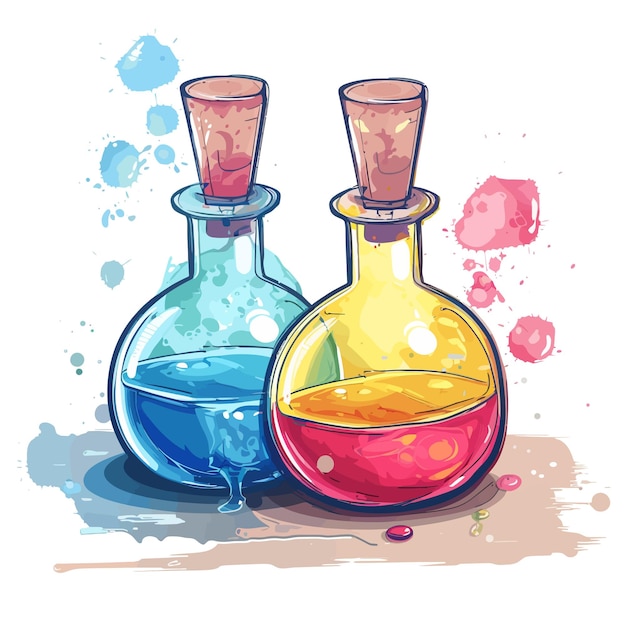 a drawing of two bottles of different colors and shapes