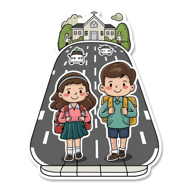 a drawing of two children with a school bus on the back