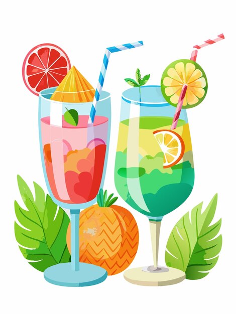 Vector a drawing of two colorful drinks with fruit and a straw