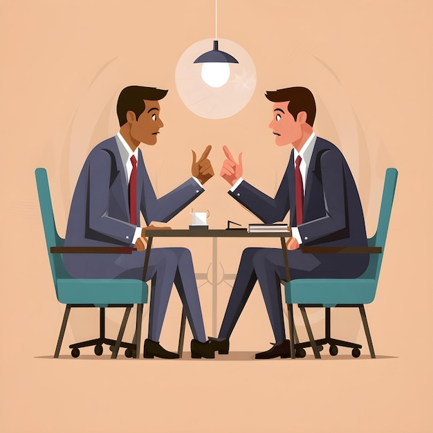 Vector a drawing of two men sitting at a table and one of them has a light bulb hanging above them