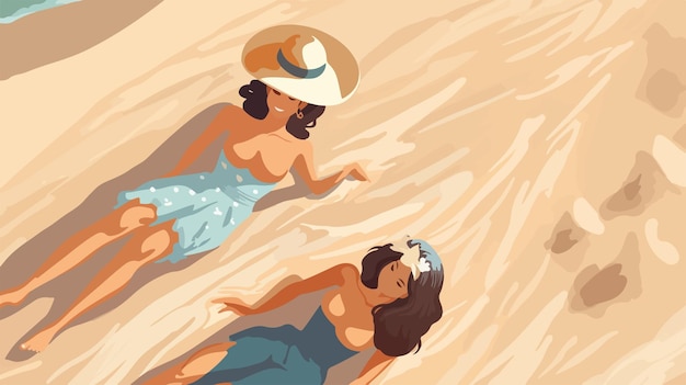 Vector a drawing of two people laying on the beach with a hat on