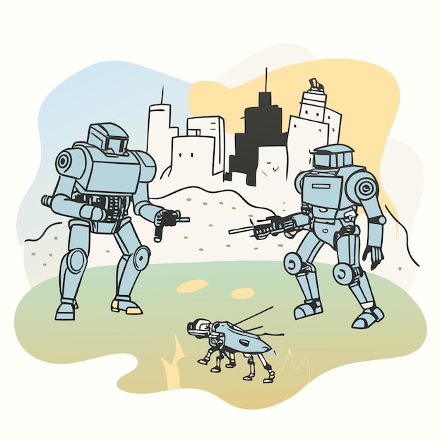 Vector a drawing of two robots with a city in the background