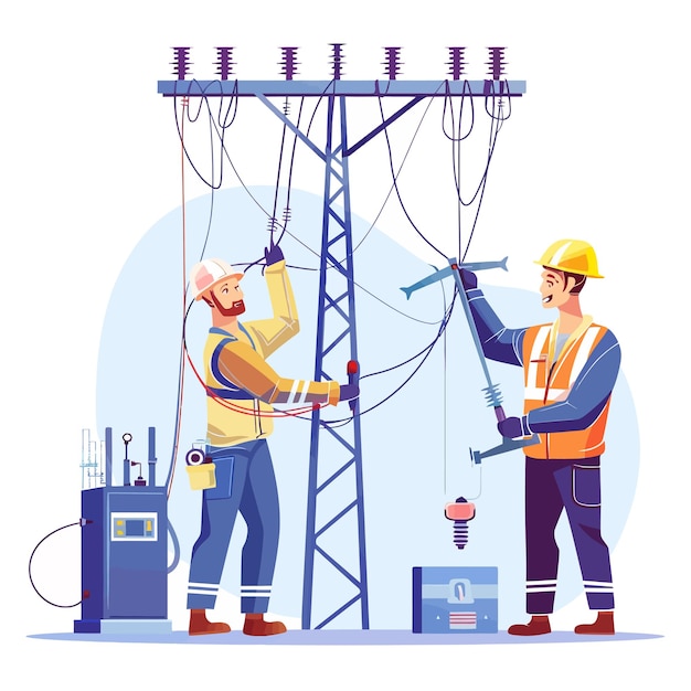 Vector a drawing of two workers working on a power pole