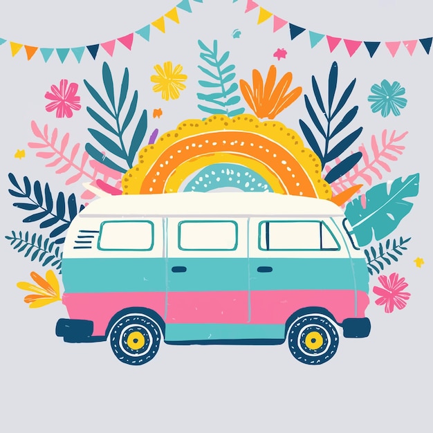 Vector a drawing of a van with flowers and plants in the middle