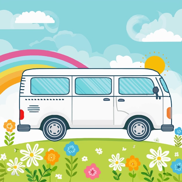 Vector a drawing of a van with flowers and plants in the middle