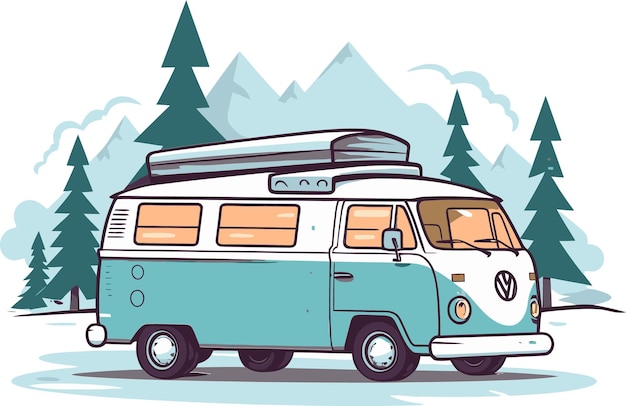 Vector a drawing of a van with a snow covered mountain in the background