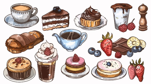 a drawing of a variety of pastries including cakes and desserts