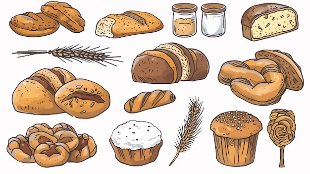 Vector a drawing of various breads and a jar of wheat