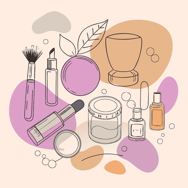 Vector a drawing of various cosmetics and cosmetics with a pink background