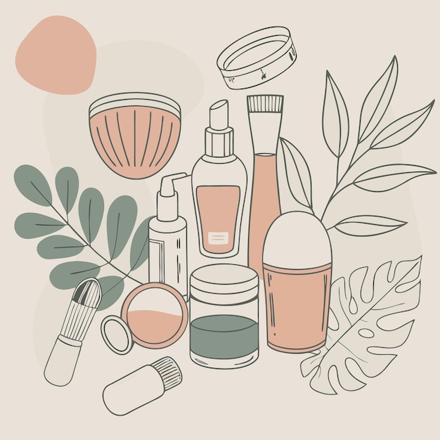 Vector a drawing of various cosmetics including a bottle of perfume