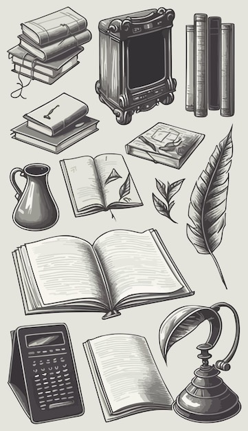 A drawing of various objects for studying or studying with books calculator and other equipment