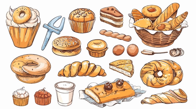 Vector a drawing of various pastries including a knife and a knife