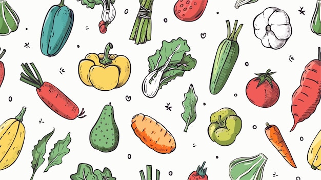 a drawing of vegetables and fruits on a white background