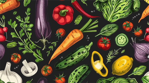 Vector a drawing of vegetables including vegetables and a cup of coffee