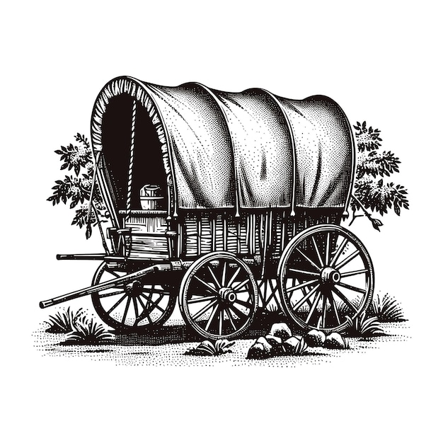 a drawing of a wagon with a large tarp on the back