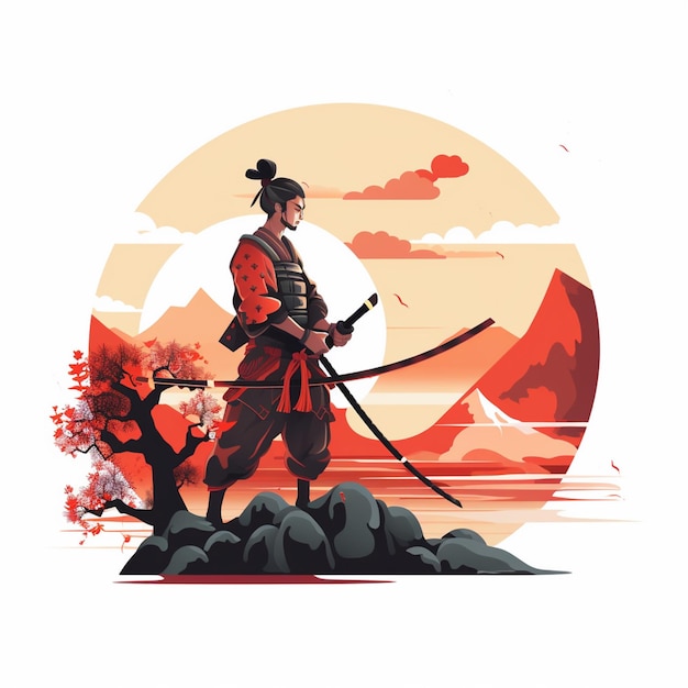 Vector a drawing of a warrior with a red sun behind him