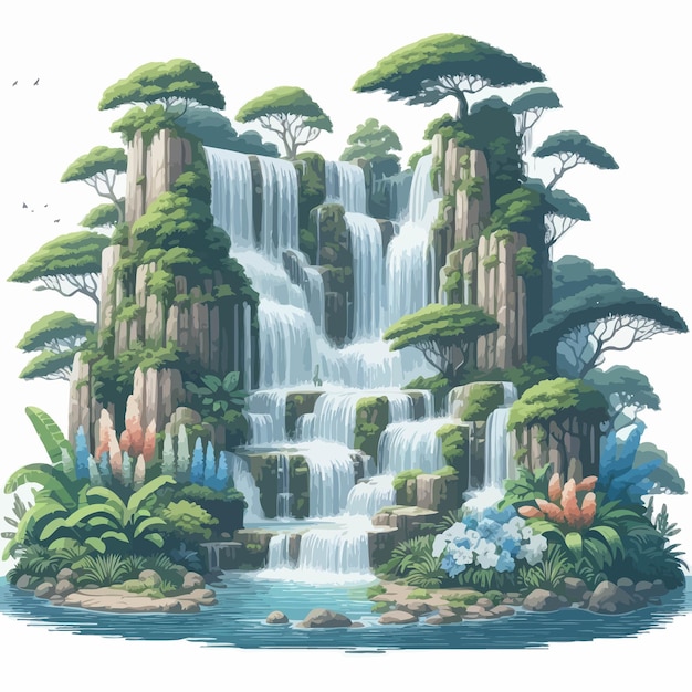 a drawing of a waterfall with a drawing of trees and water