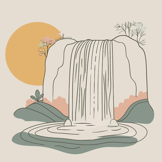 Vector a drawing of a waterfall with a sunset in the background