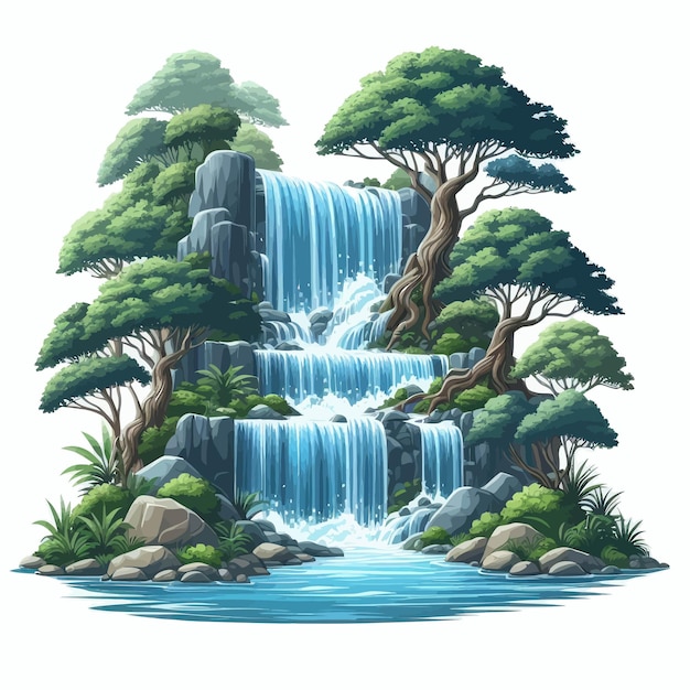 a drawing of a waterfall with trees and a waterfall