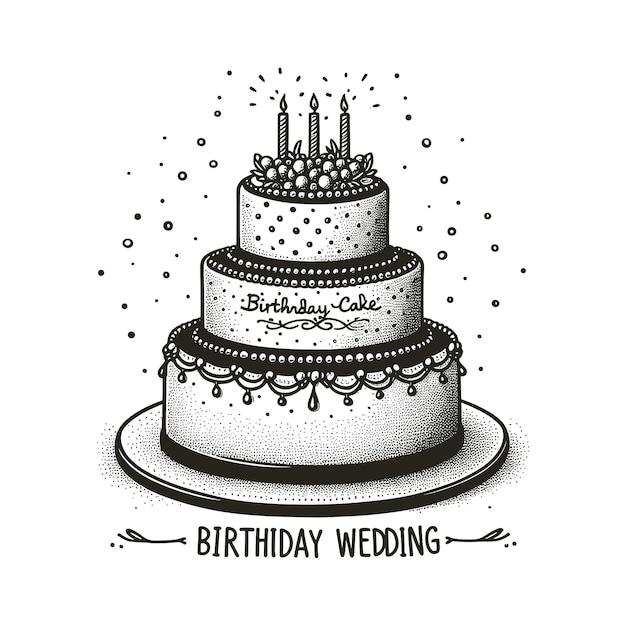 Vector a drawing of a wedding cake with a cake saying happy birthday