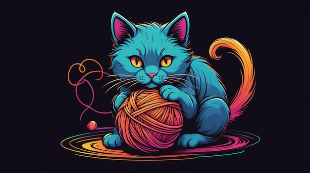 a drawing of a white cat with yellow eyes playing with a ball of yarn