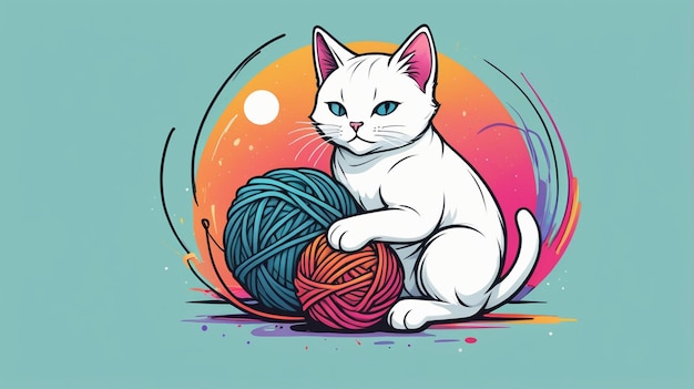 a drawing of a white cat with yellow eyes playing with a ball of yarn