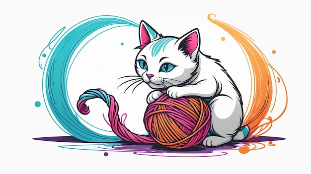 Vector a drawing of a white cat with yellow eyes playing with a ball of yarn