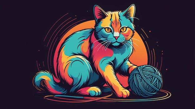 a drawing of a white cat with yellow eyes playing with a ball of yarn