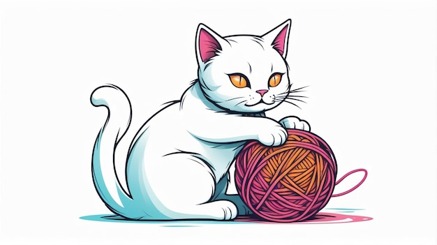 Vector a drawing of a white cat with yellow eyes playing with a ball of yarn