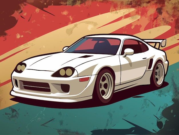 a drawing of a white sports car with a red background