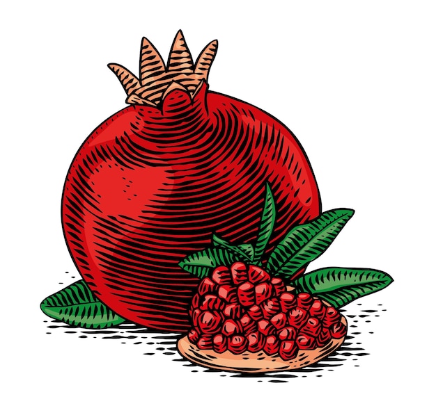 Drawing of whole and pieces of pomegranate with green leaves