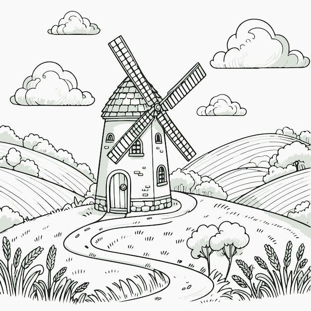 a drawing of a windmill with the words mill on it