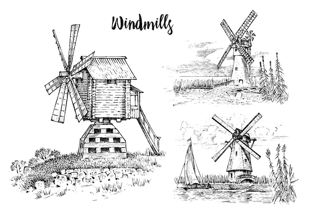 A drawing of windmills and a drawing of a windmill.