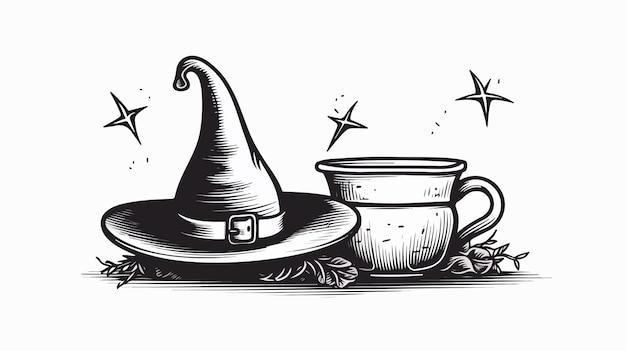 Vector a drawing of a witch hat and a cup of coffee