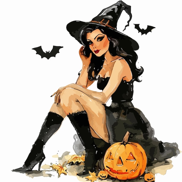 Vector a drawing of a witch sitting on a pumpkin