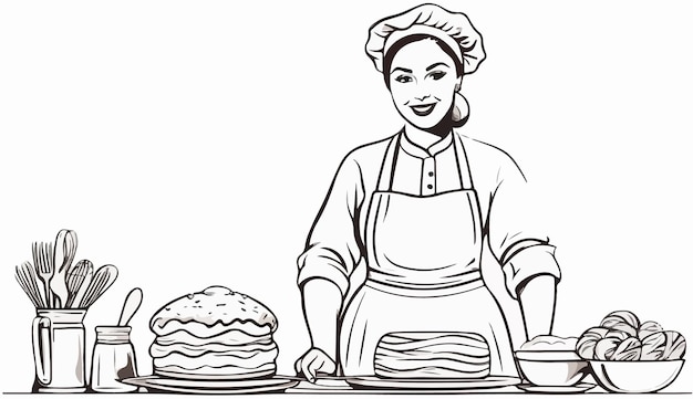 a drawing of a woman cooking food