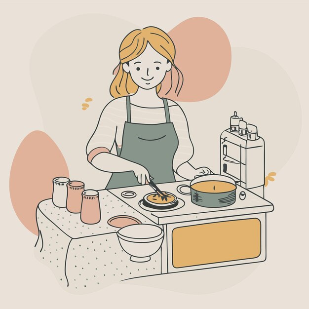 Vector a drawing of a woman cooking in a kitchen