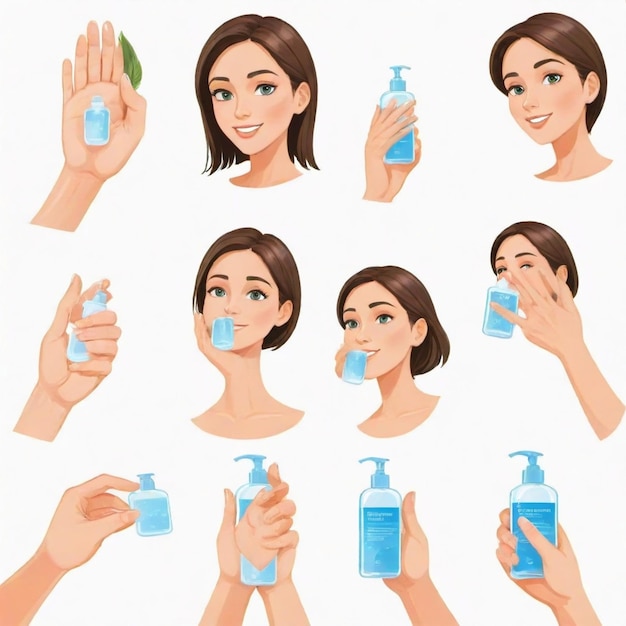 Vector a drawing of a woman holding a bottle of soap with a lot of different colors