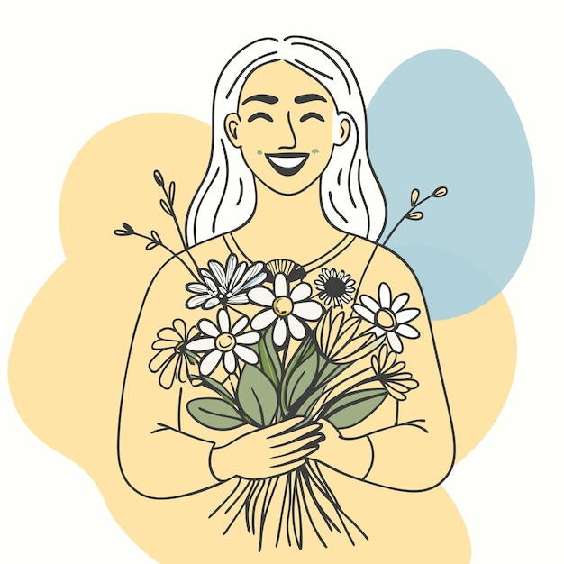 a drawing of a woman holding a bunch of flowers