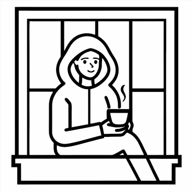 a drawing of a woman holding a cup in front of a window