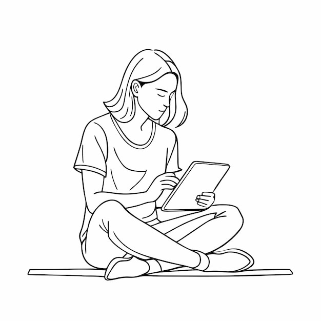 a drawing of a woman reading a book with a picture of a woman sitting on the ground