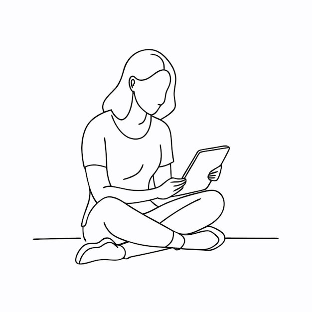 a drawing of a woman sitting on the ground with a tablet in front of her