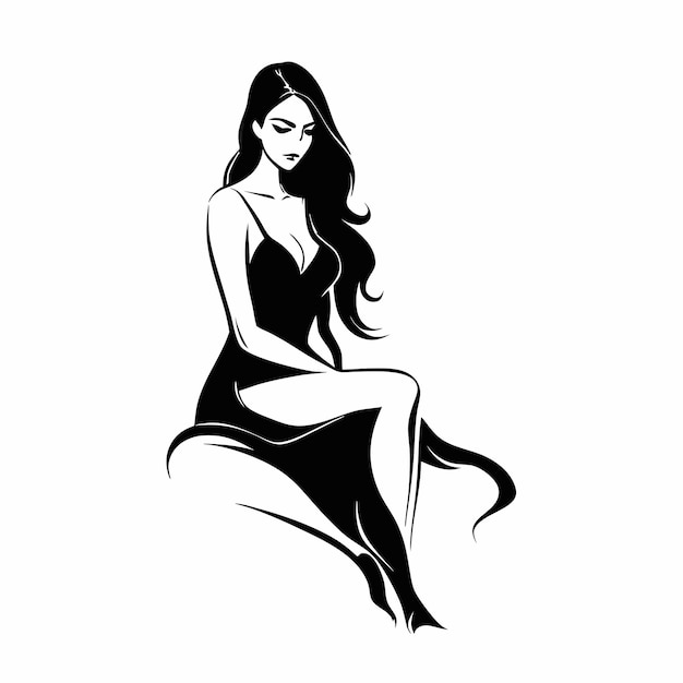 a drawing of a woman sitting on a white background