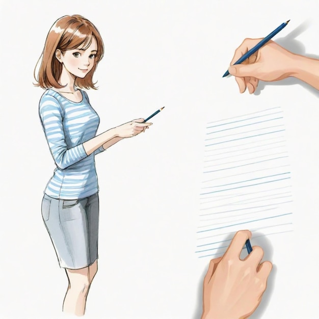 a drawing of a woman in a striped shirt with a pen in her hand